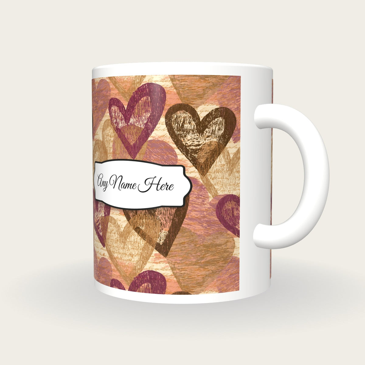 Woodcut Hearts Name Mug, three-quarter view