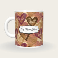 Woodcut Hearts Name Mug, back with the second name label
