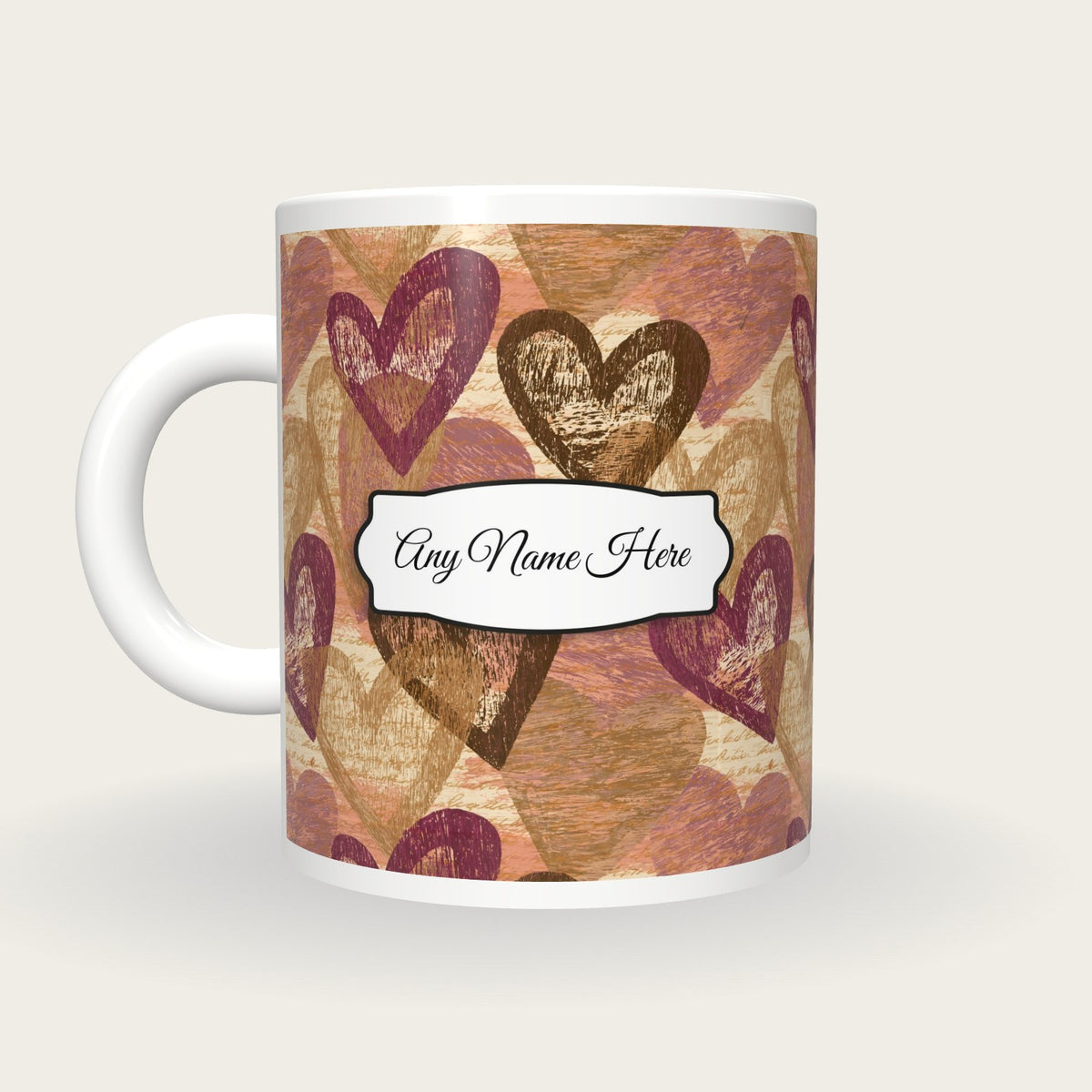 Woodcut Hearts Name Mug, back with the second name label