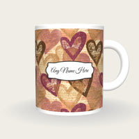 Woodcut Hearts Name Mug, front with the name label