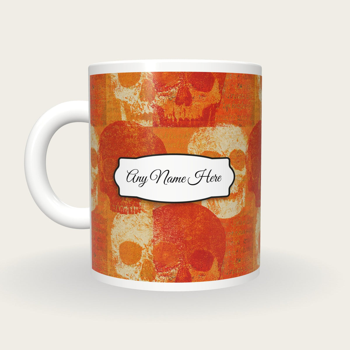 Etching Skulls Burnt Name Mug, back with the second name label