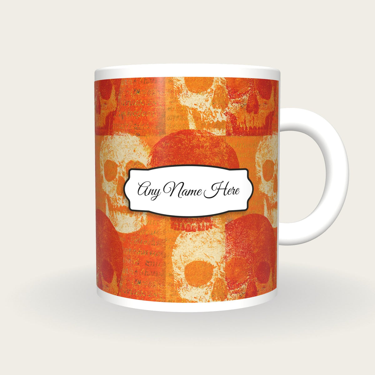 Etching Skulls Burnt Name Mug, front with the name label