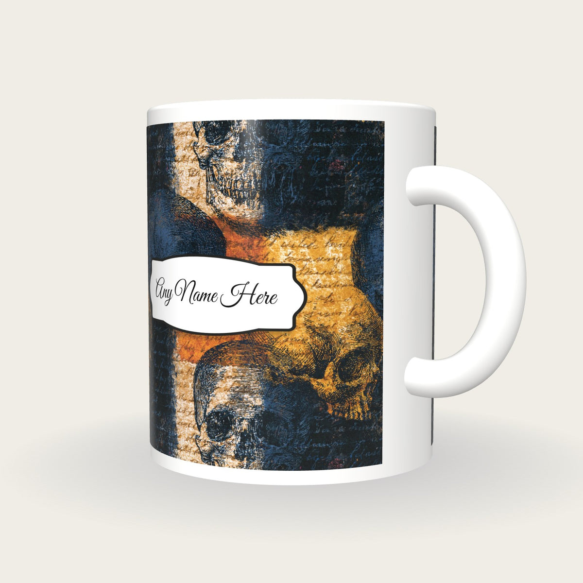 Scratchboard Skull Name Mug, three-quarter view