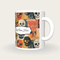 Woodblock Skulls Name Mug 2, three-quarter view