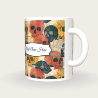 Woodblock Skulls Name Mug, three-quarter view