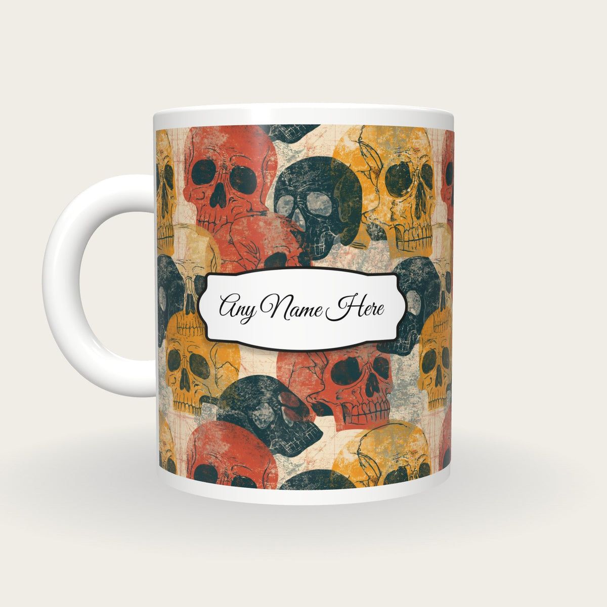 Woodblock Skulls Name Mug, back with the second name label