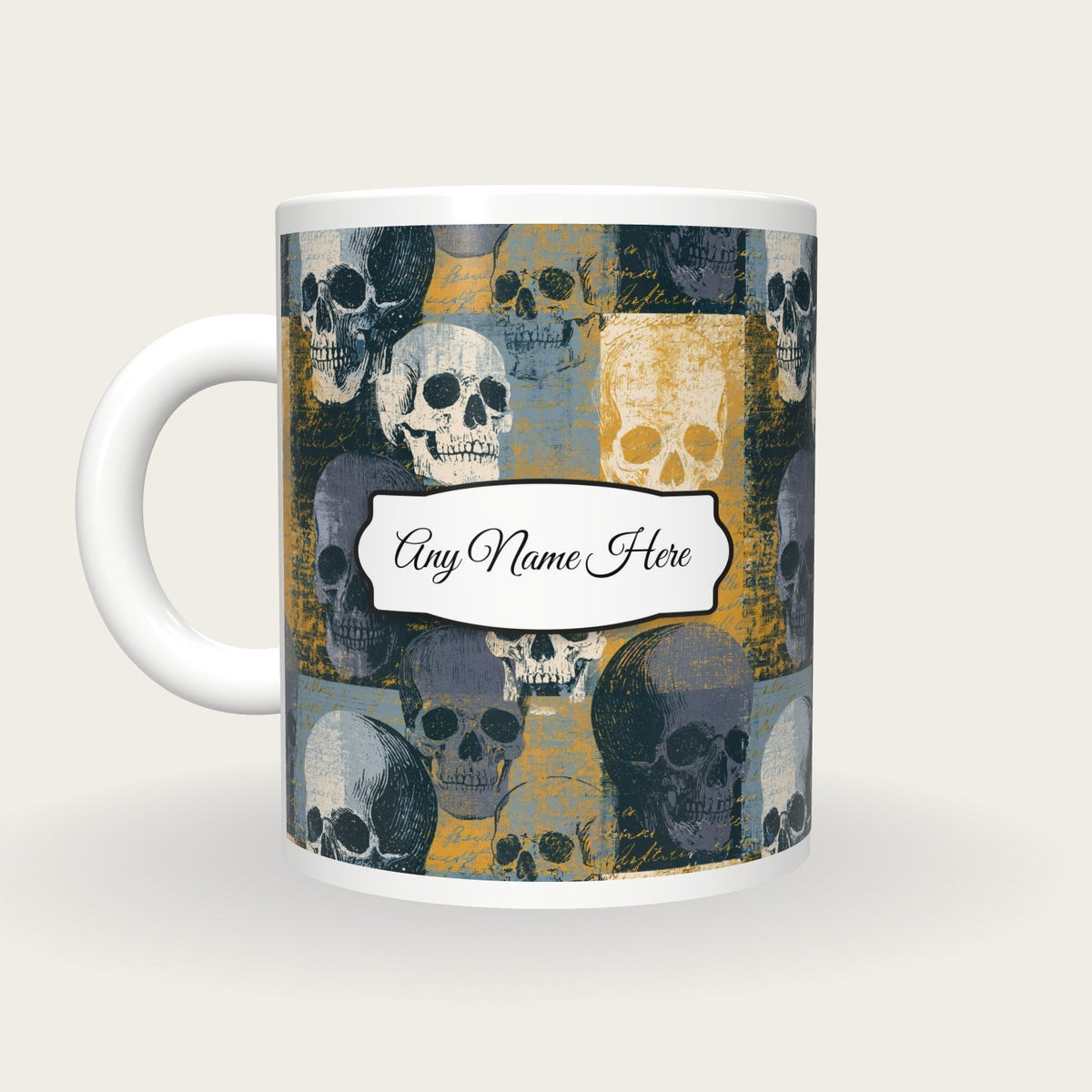 Woodcut Skulls Name Mug 2, back with the second name label