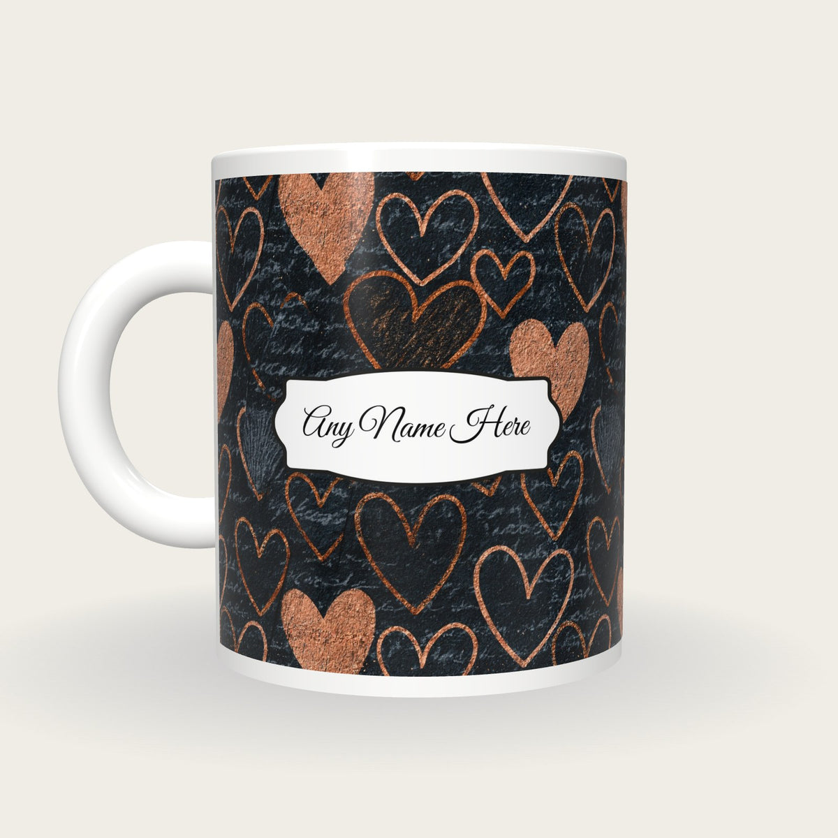 Scratchboard Hearts Name Mug, back with the second name label