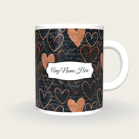Scratchboard Hearts Name Mug, front with the name label