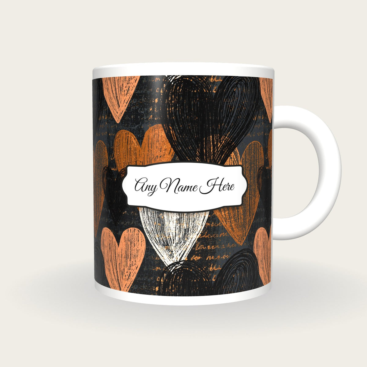 Scratchboard Hearts Name Mug 3, front with the name label