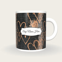 Scratchboard Hearts Name Mug 4, front with the name label