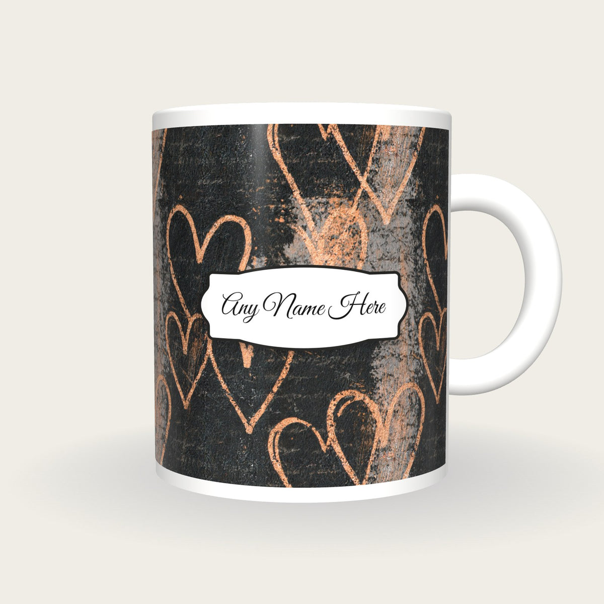Scratchboard Hearts Name Mug 4, front with the name label