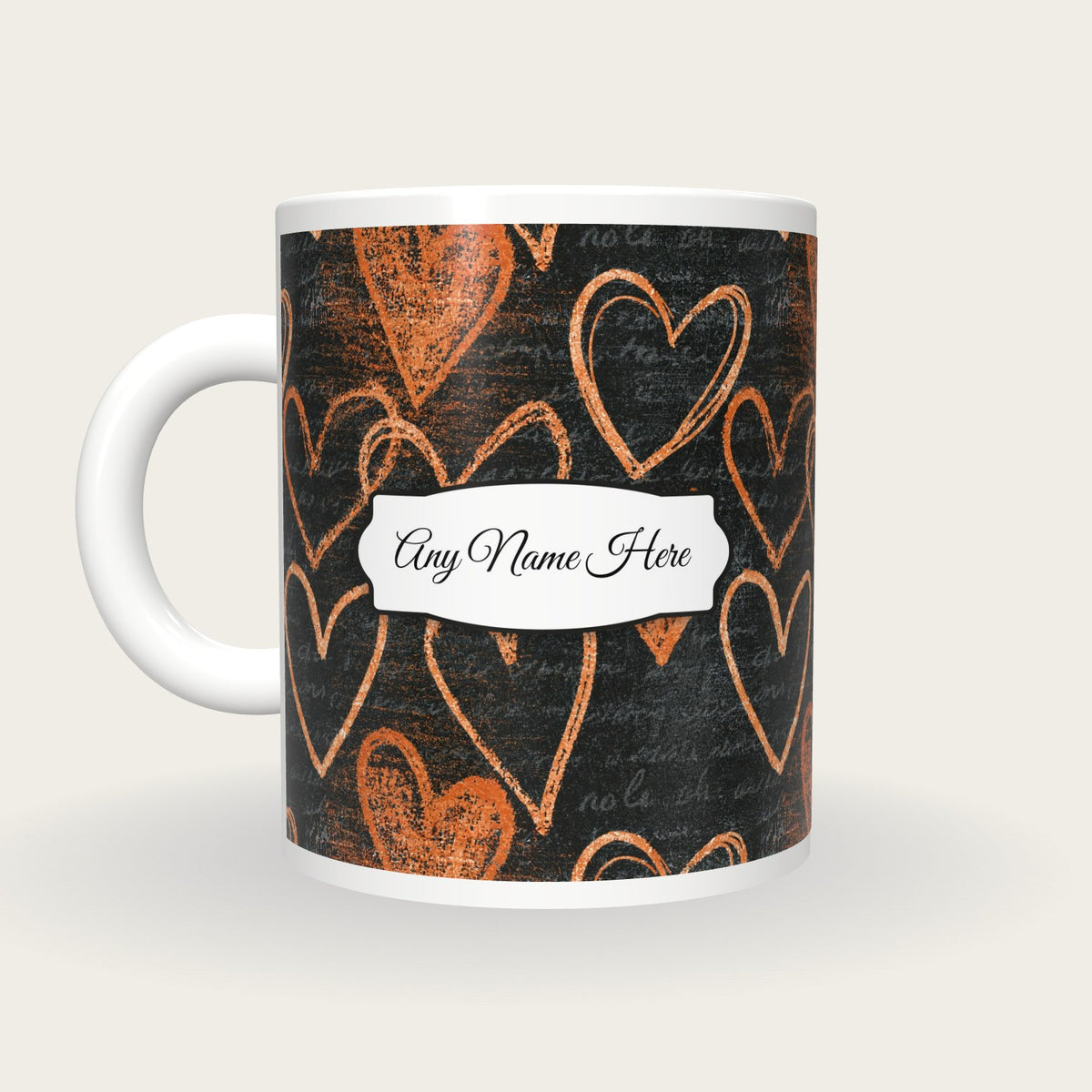 Scratchboard Hearts Name Mug 5, back with the second name label