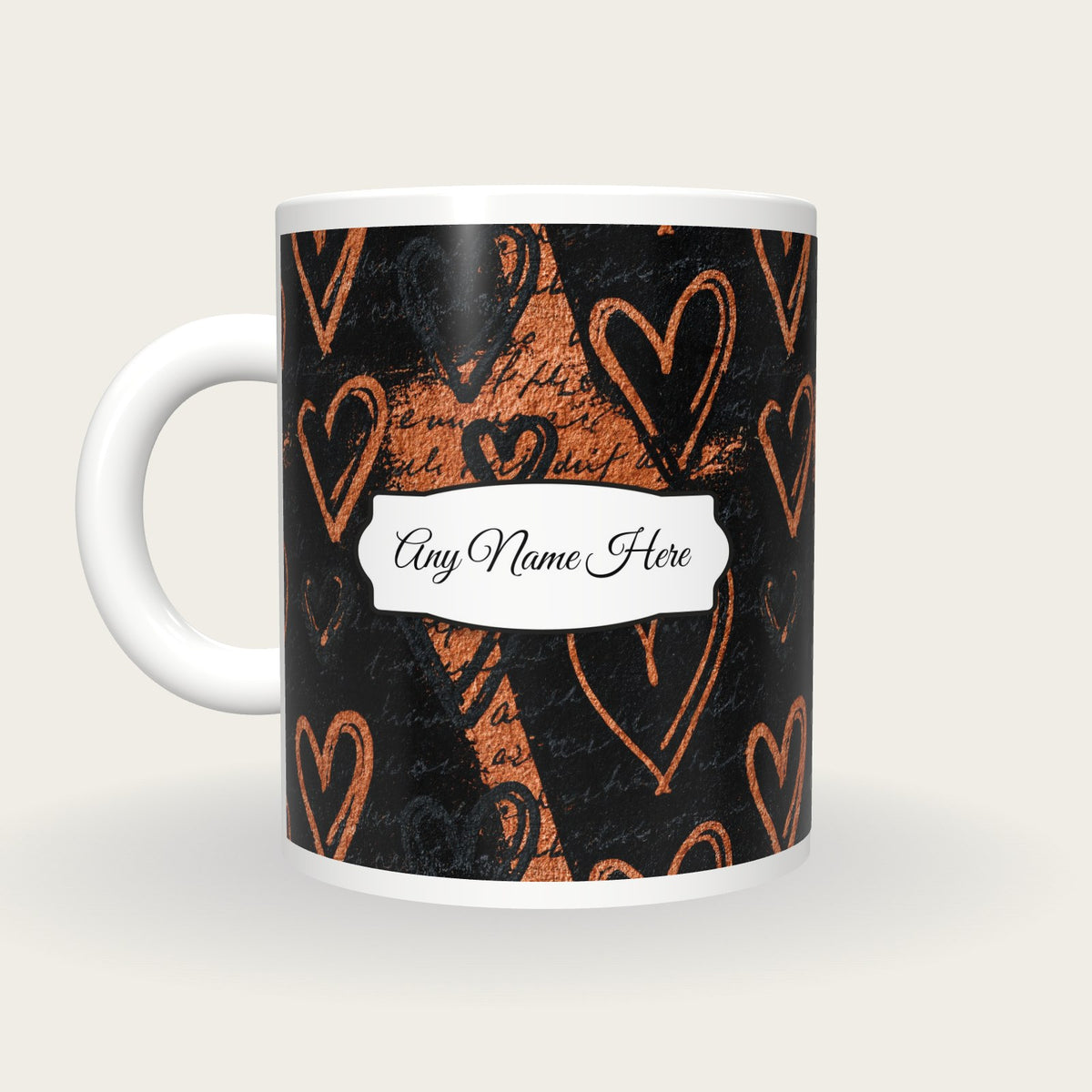 Scratchboard Hearts Name Mug 2, back with the second name label