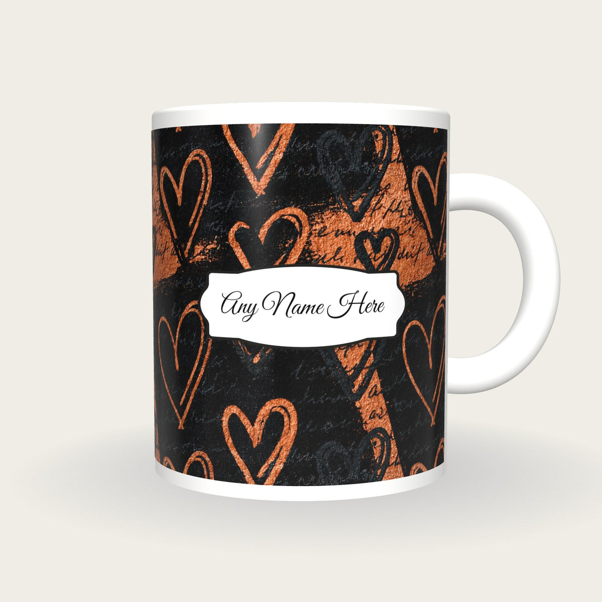 Scratchboard Hearts Name Mug 2, front with the name label