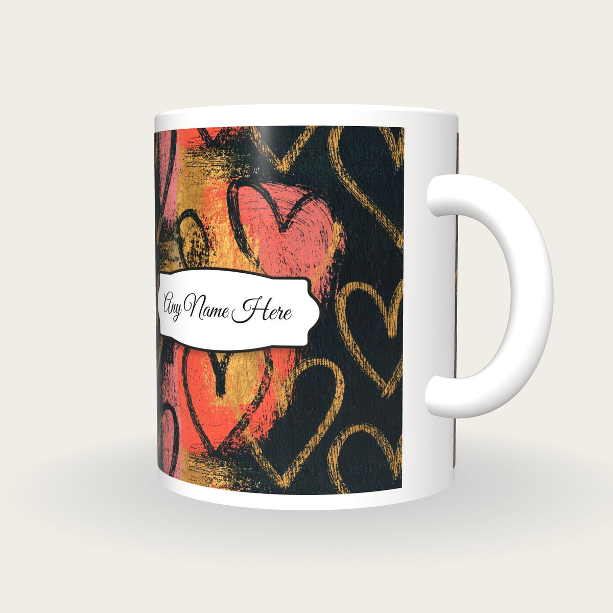 Scratchboard Hearts Name Mug 6, three-quarter view