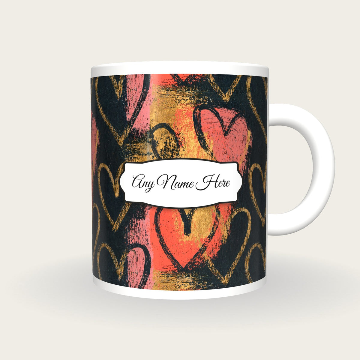 Scratchboard Hearts Name Mug 6, front with the name label