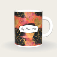 Scratchboard Hearts Name Mug 8, front with the name label