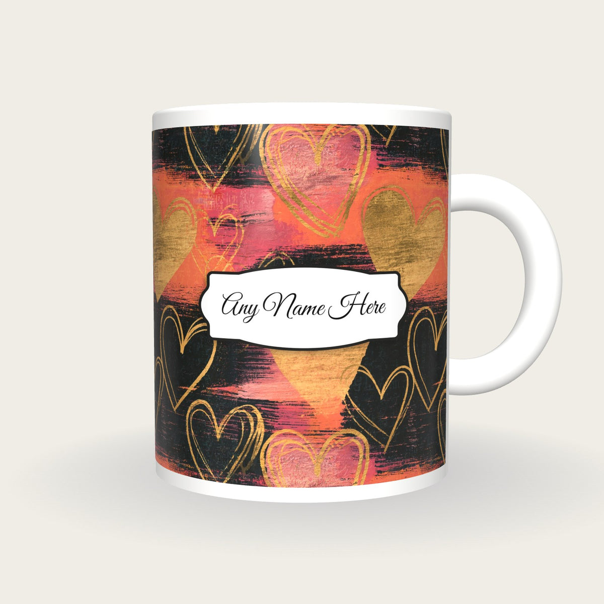 Scratchboard Hearts Name Mug 8, front with the name label