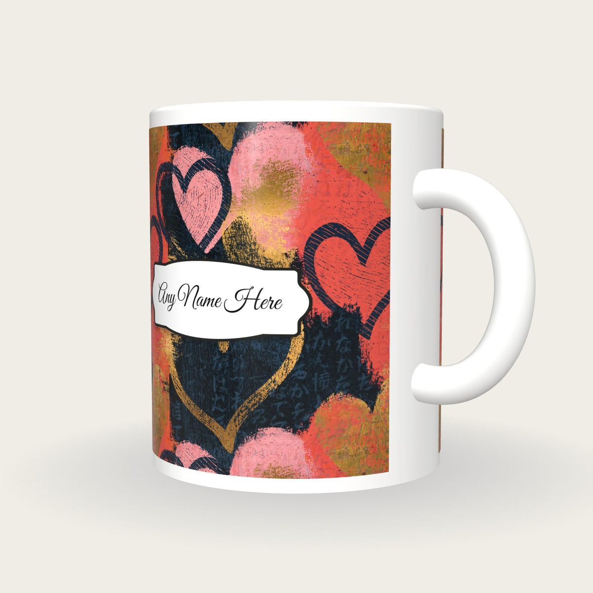 Scratchboard Hearts Name Mug 9, three-quarter view