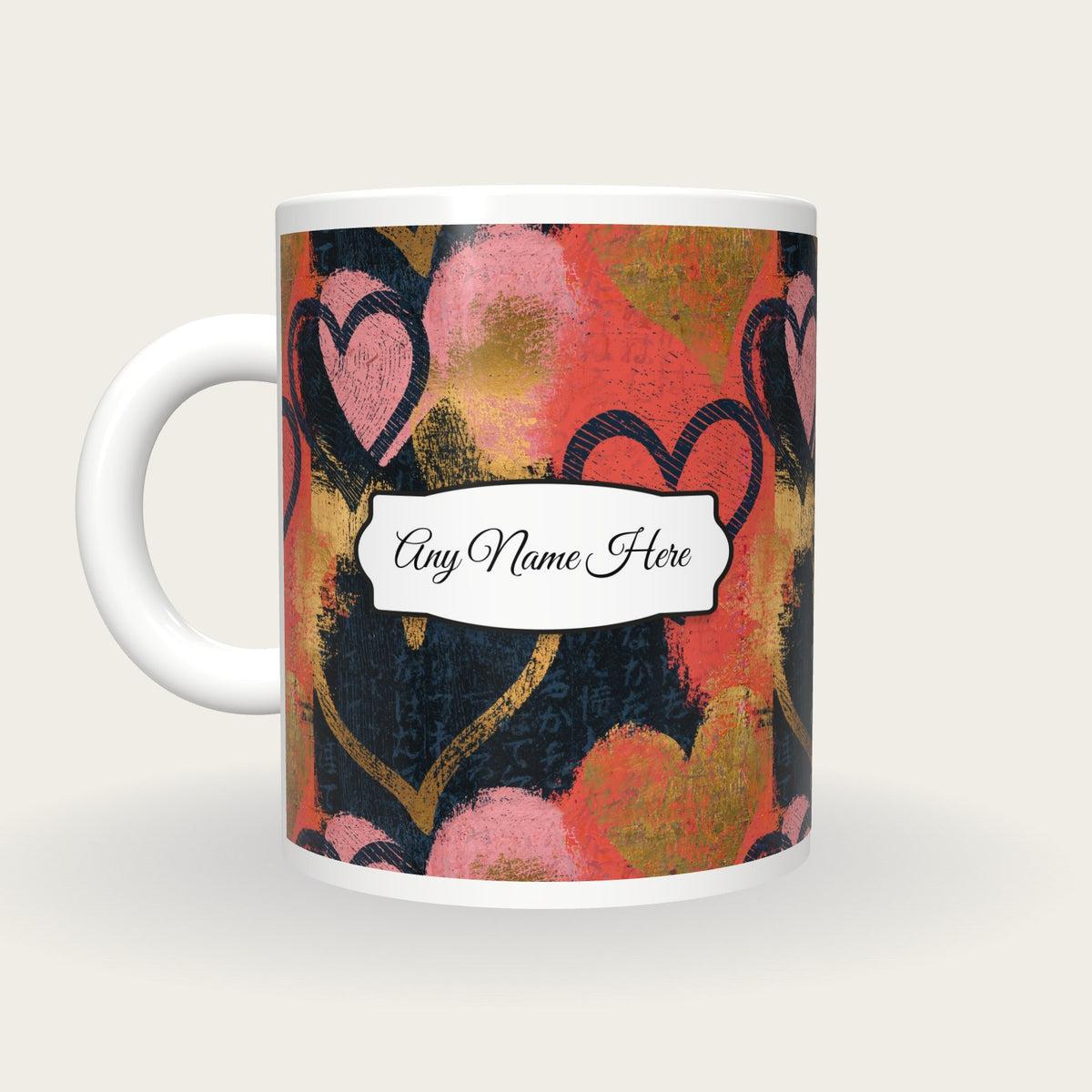 Scratchboard Hearts Name Mug 9, back with the second name label
