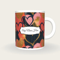 Scratchboard Hearts Name Mug 9, front with the name label