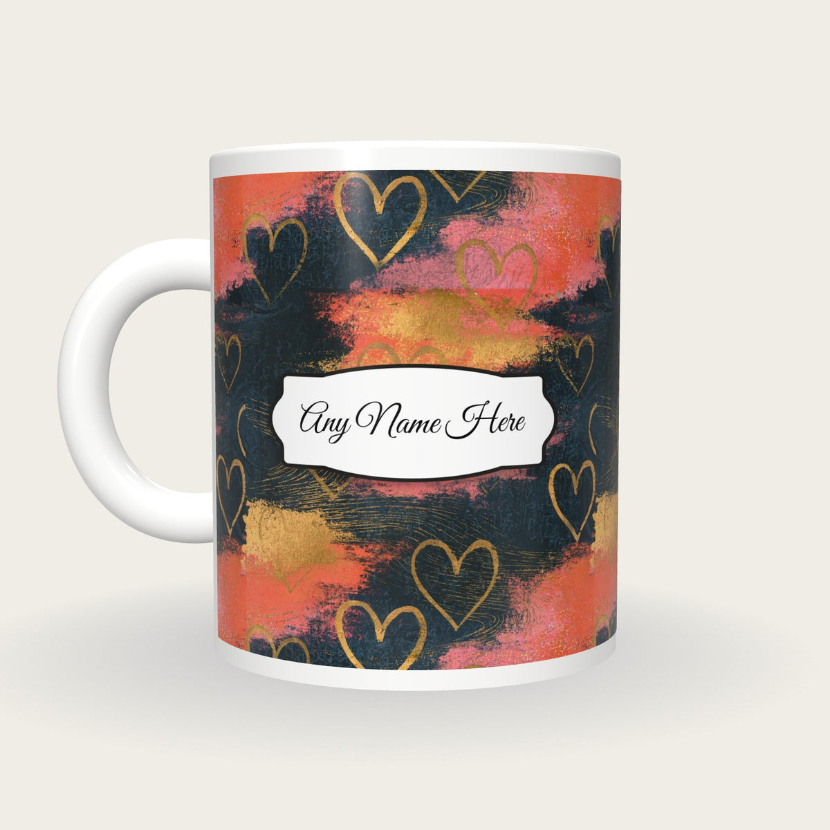 Scratchboard Hearts Name Mug 7, back with the second name label