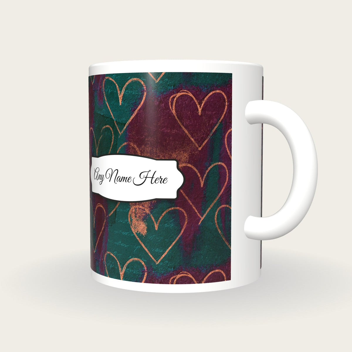 Scratchboard Hearts Name Mug 10, three-quarter view