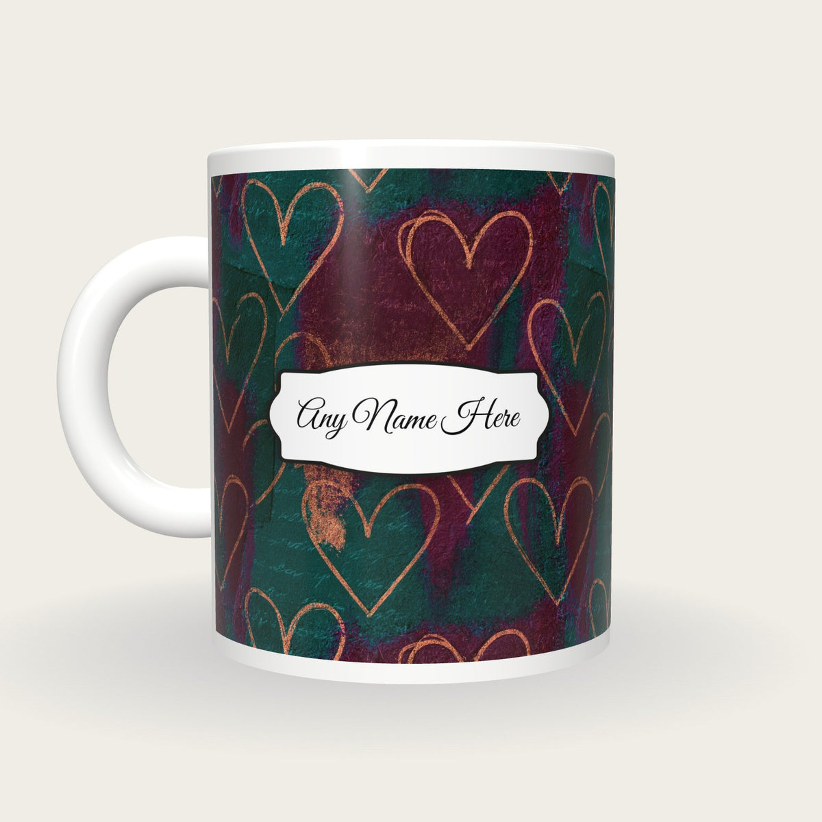 Scratchboard Hearts Name Mug 10, back with the second name label