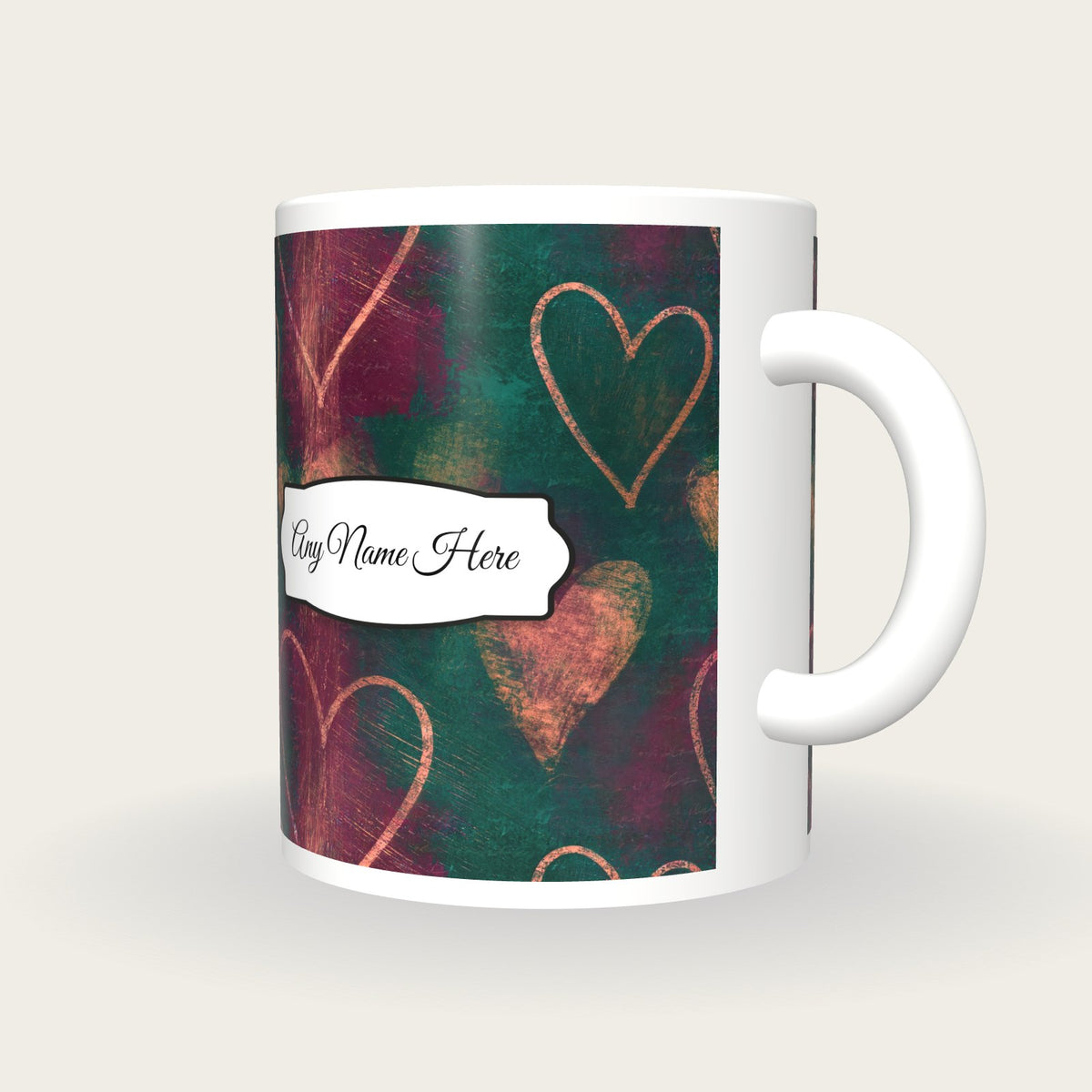 Scratchboard Hearts Name Mug 12, three-quarter view