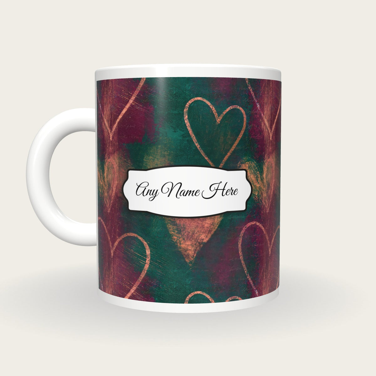 Scratchboard Hearts Name Mug 12, back with the second name label