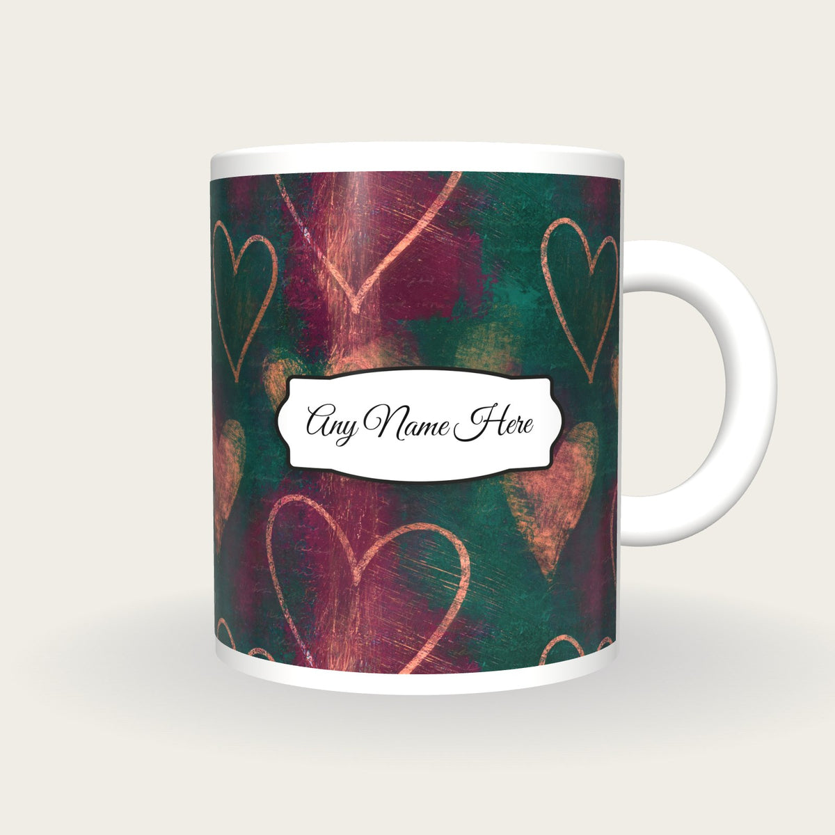 Scratchboard Hearts Name Mug 12, front with the name label