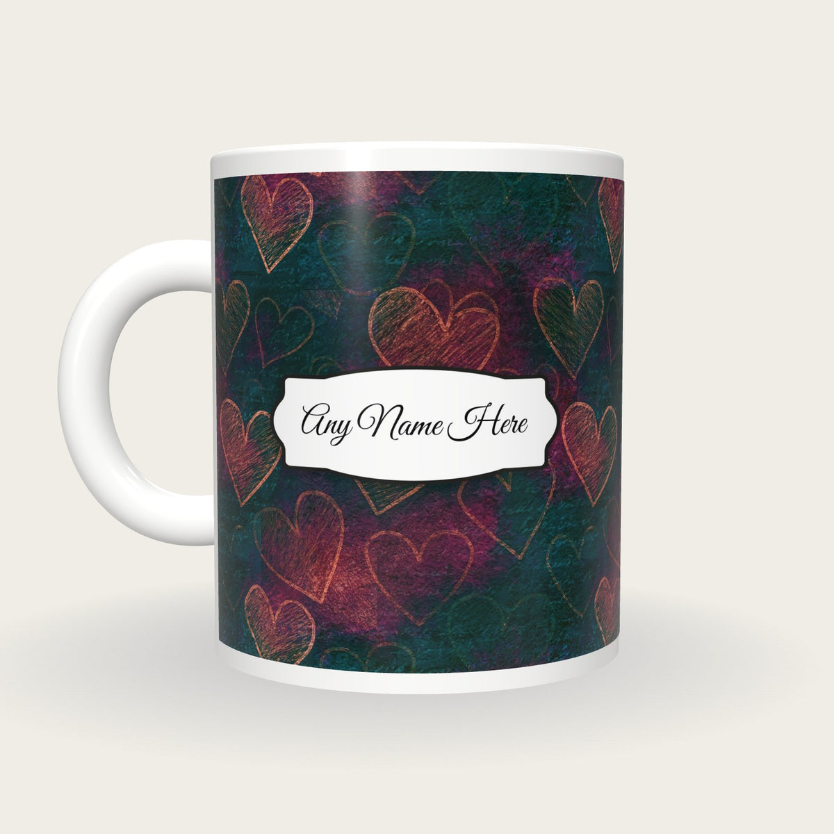 Scratchboard Hearts Name Mug 11, back with the second name label
