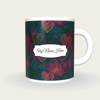Scratchboard Hearts Name Mug 11, front with the name label
