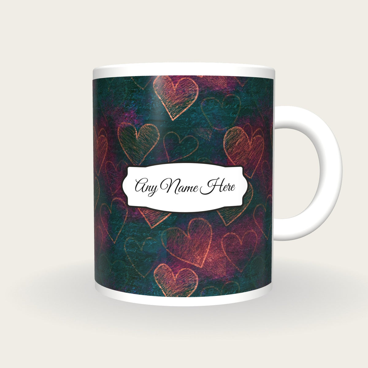 Scratchboard Hearts Name Mug 11, front with the name label