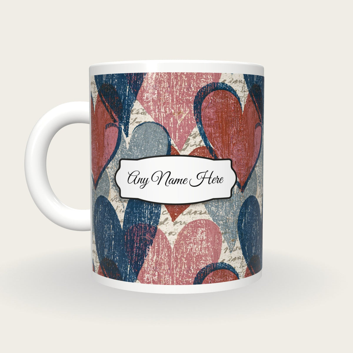 Woodcut Love Hearts Name Mug 3, back with the second name label