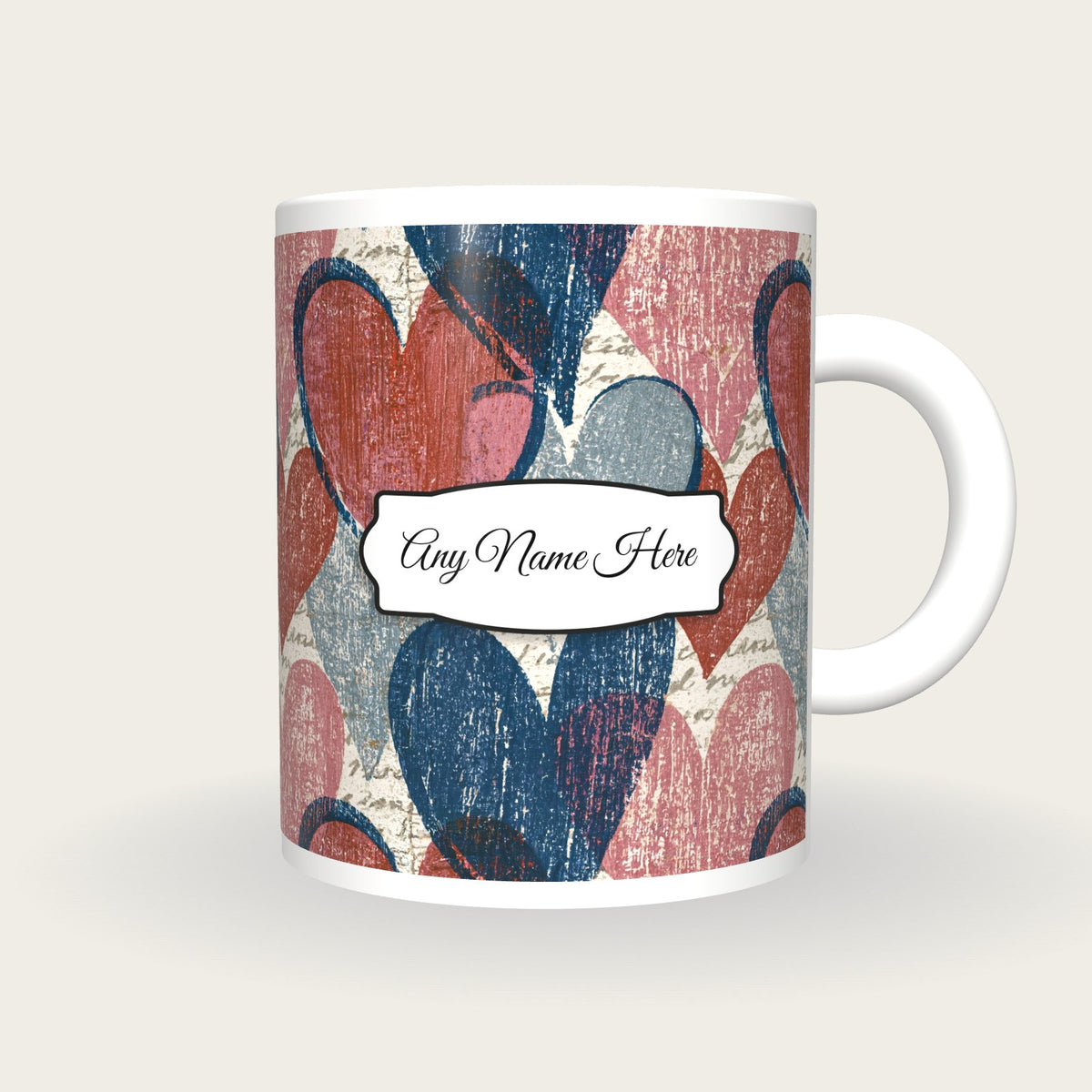 Woodcut Love Hearts Name Mug 3, front with the name label