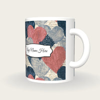 Woodcut Love Hearts Name Mug, three-quarter view
