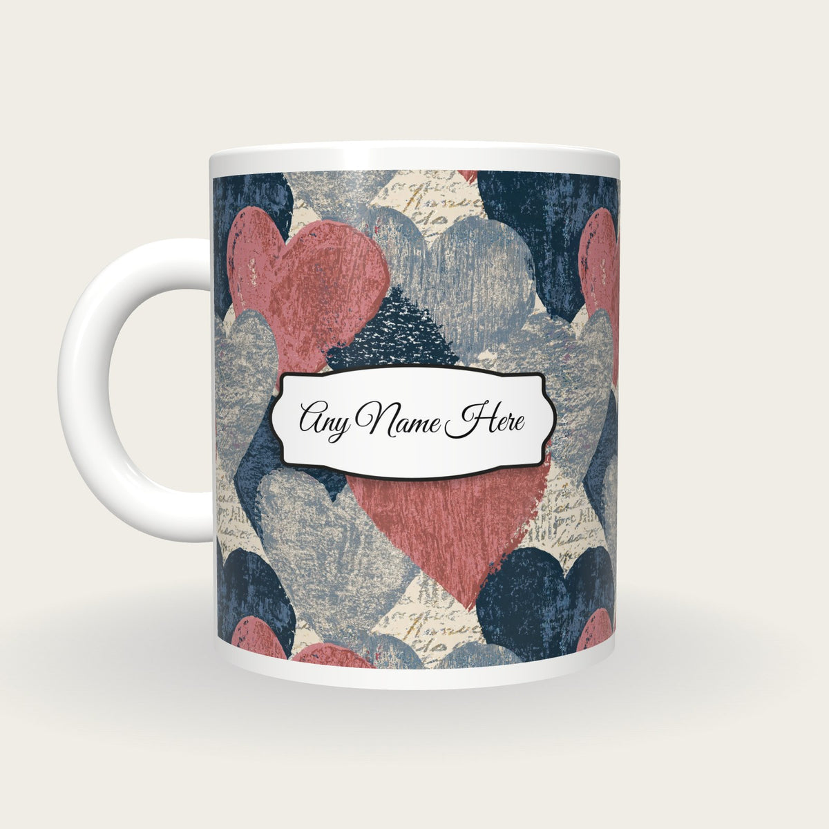Woodcut Love Hearts Name Mug, back with the second name label