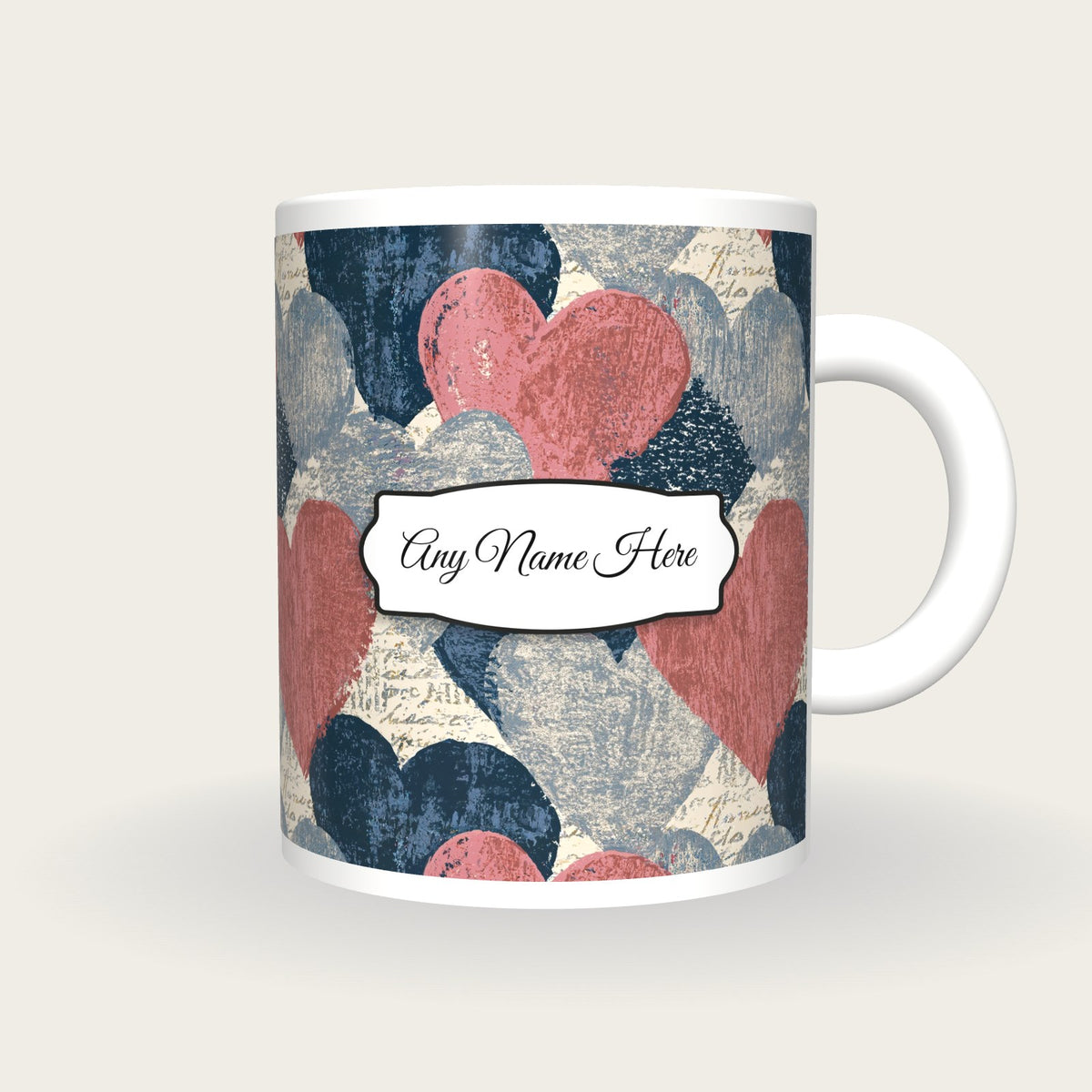 Woodcut Love Hearts Name Mug, front with the name label