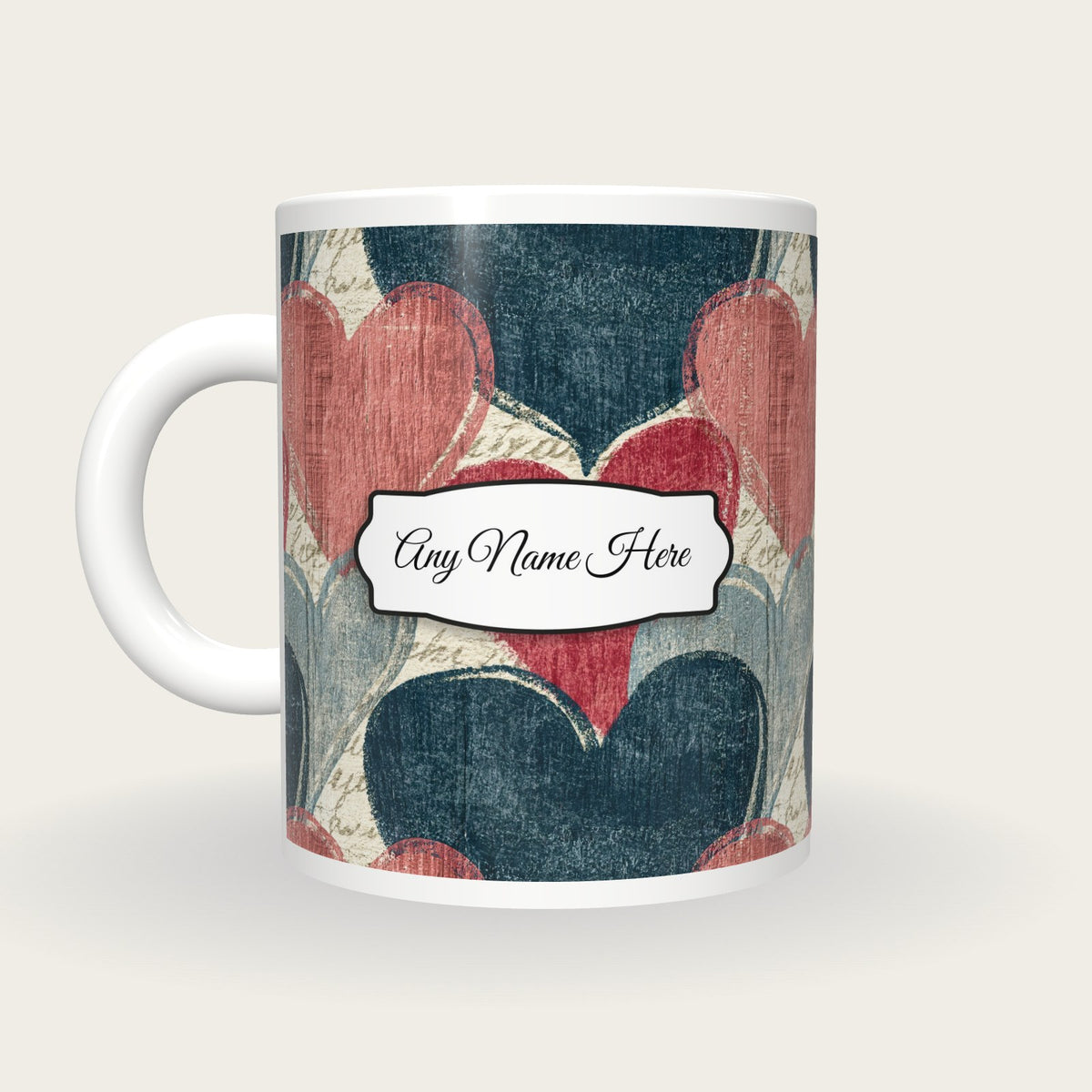 Woodcut Love Hearts Name Mug 2, back with the second name label