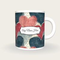 Woodcut Love Hearts Name Mug 2, front with the name label
