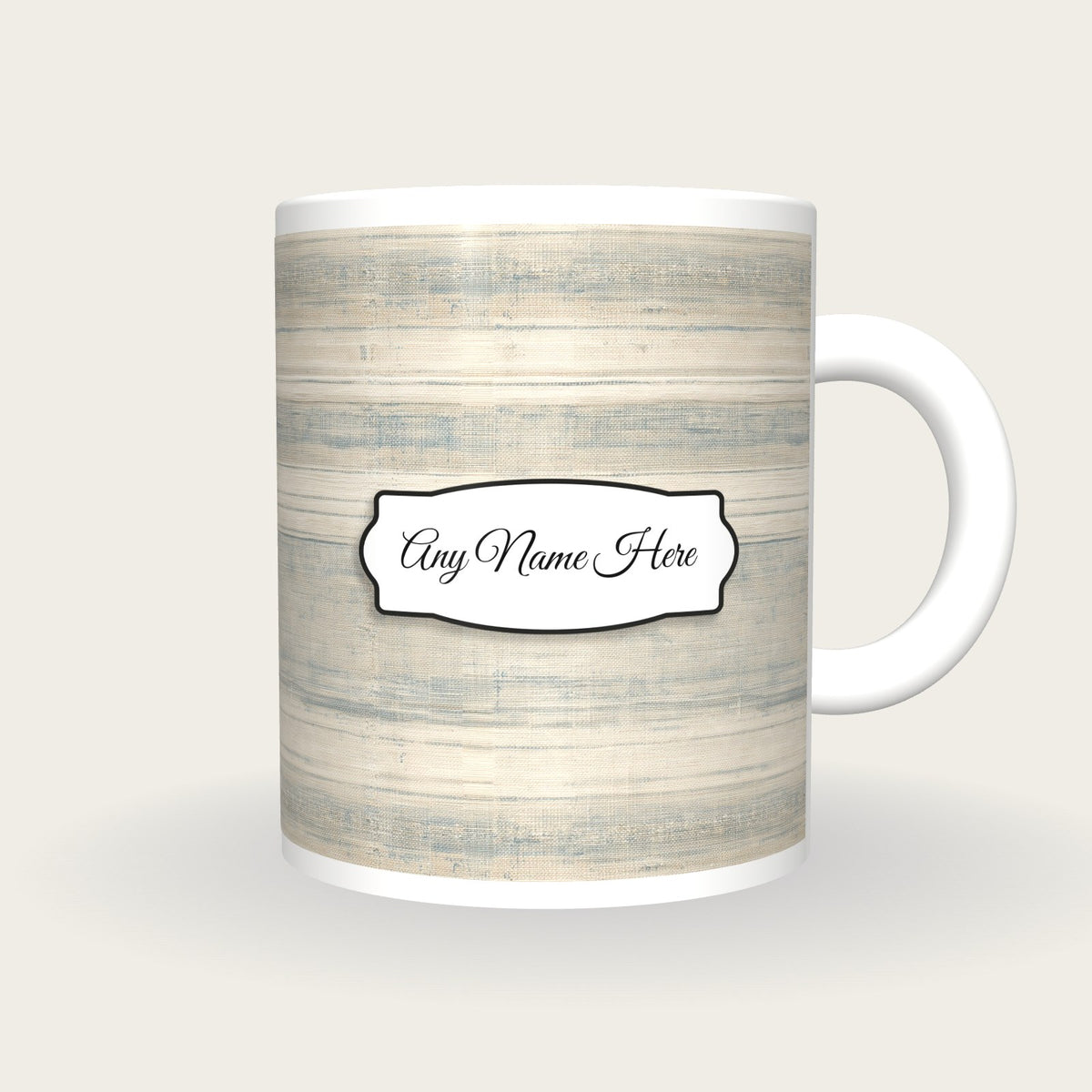 Canvas Ticking Canvas Name Mug, front with the name label