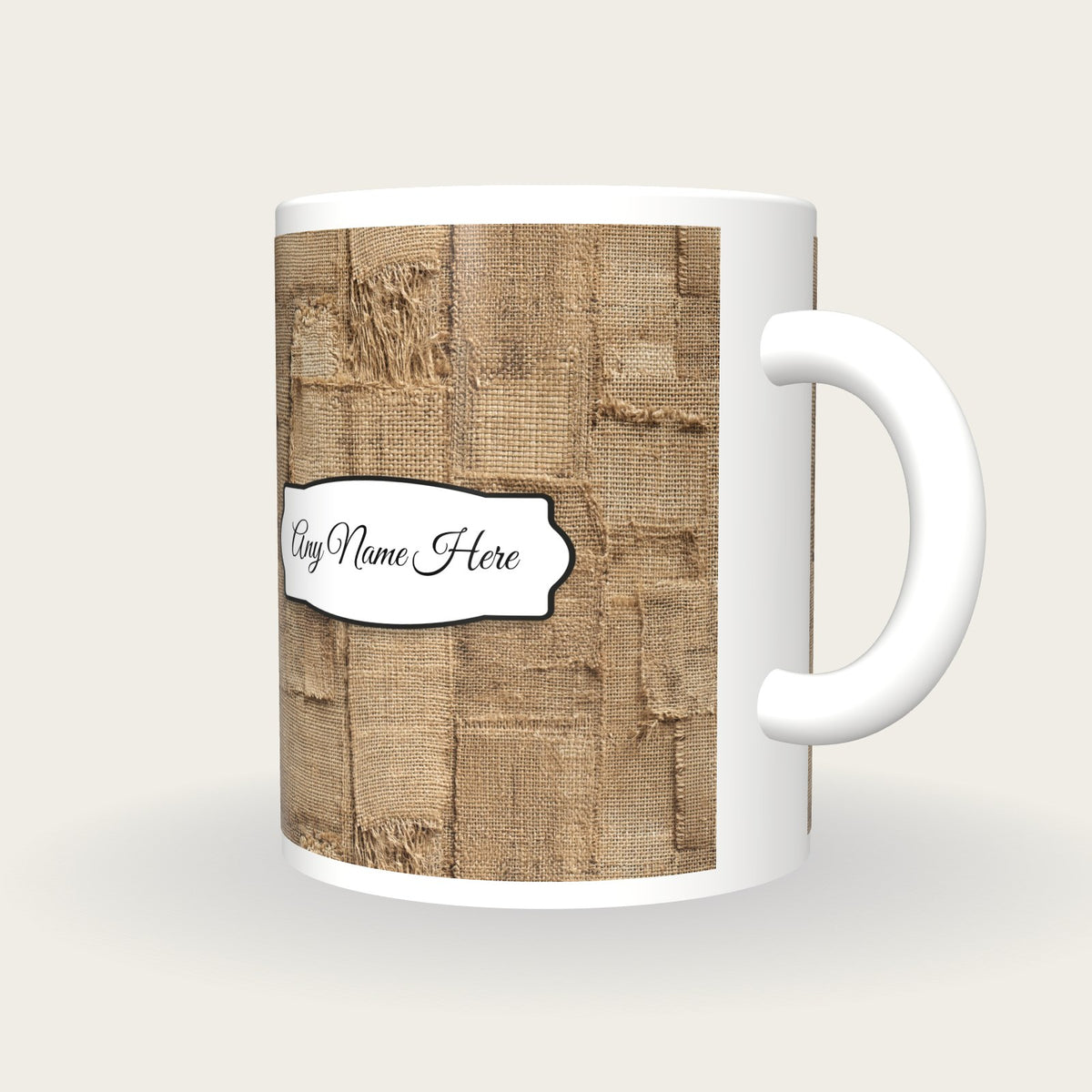 Burlap Coffee Sack Burlap Tan Coffee Brown Name Mug 2, three-quarter view