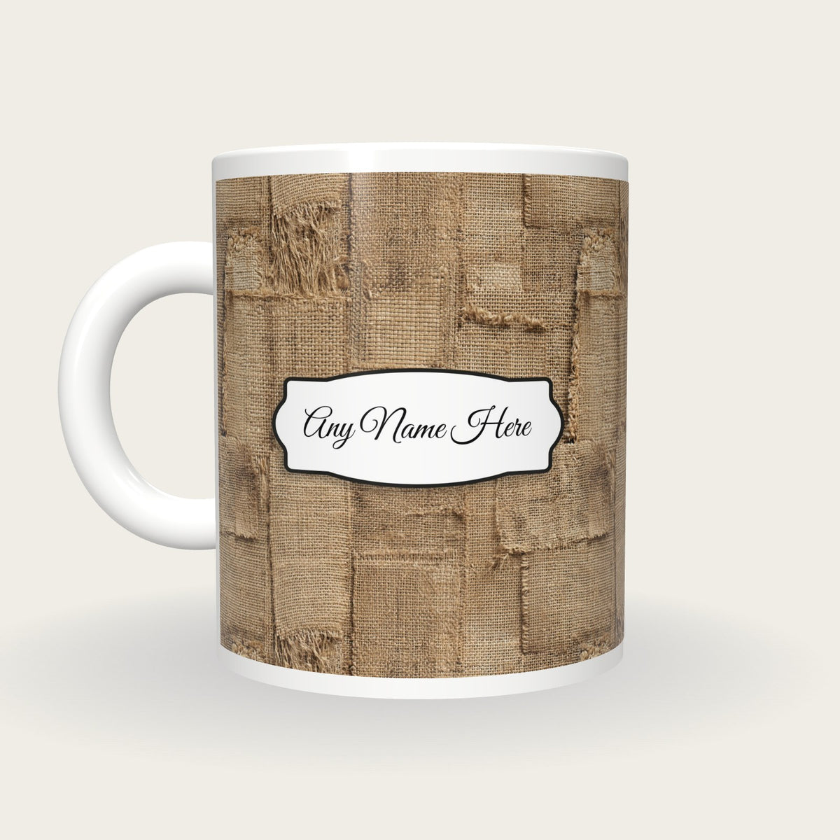 Burlap Coffee Sack Burlap Tan Coffee Brown Name Mug 2, back with the second name label