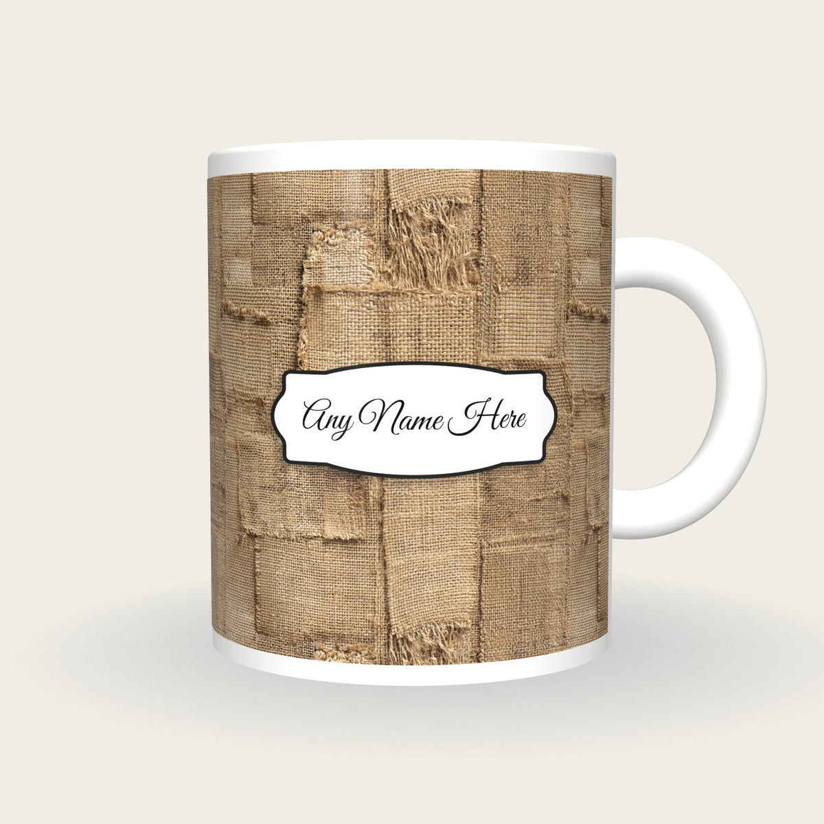 Burlap Coffee Sack Burlap Tan Coffee Brown Name Mug 2, front with the name label