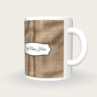 Burlap Coffee Sack Burlap Tan Coffee Brown Name Mug, three-quarter view