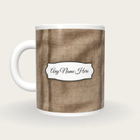 Burlap Coffee Sack Burlap Tan Coffee Brown Name Mug, back with the second name label