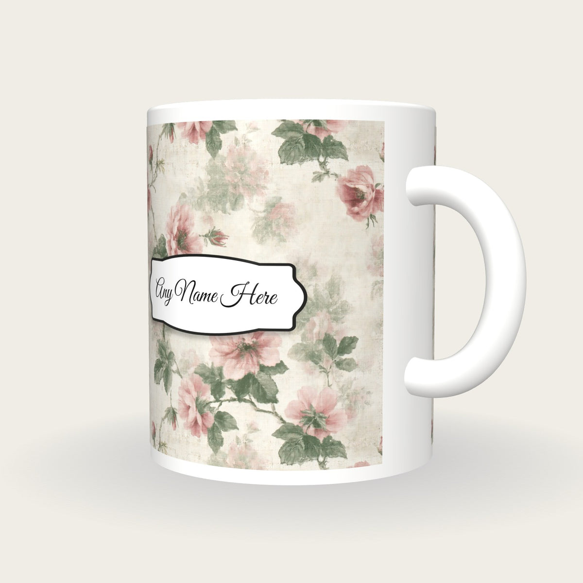 Faded Floral Chintz Curtain Parlour Cream Faded Rose Willow Name Mug, three-quarter view