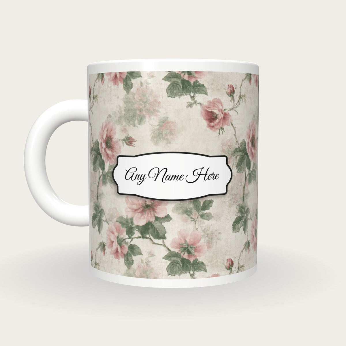 Faded Floral Chintz Curtain Parlour Cream Faded Rose Willow Name Mug, back with the second name label